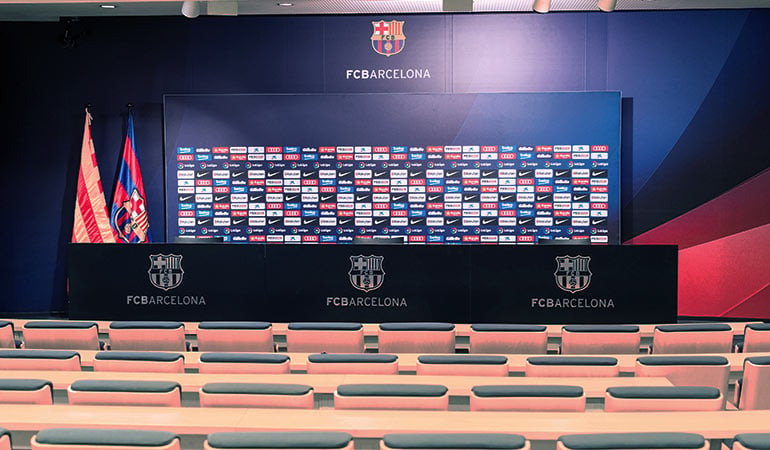 Press conference room in the Football Club Barcelona stadium Stock Photo -  Alamy