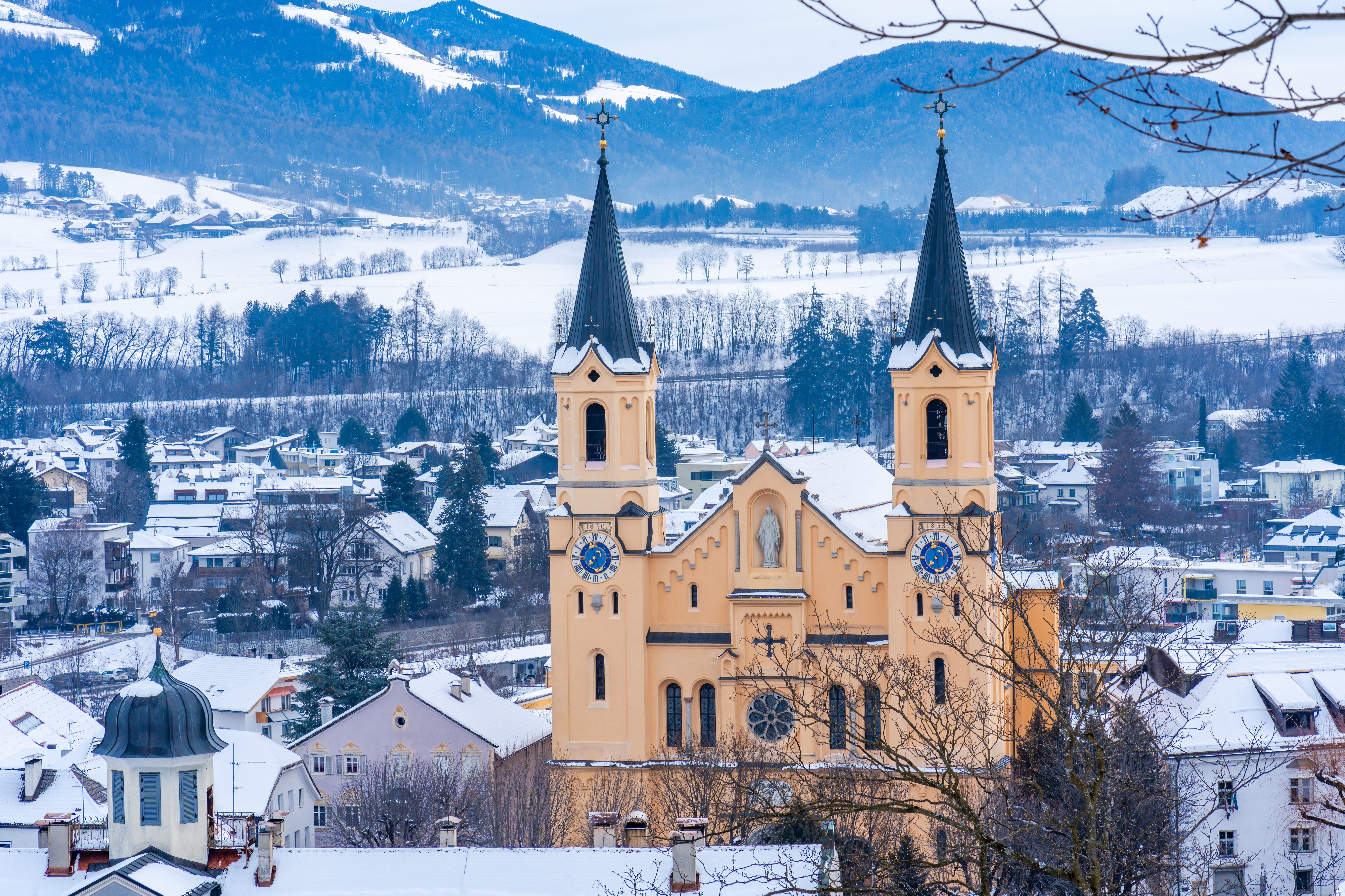 View of Bruneck-Brunico and Church of Santa Maria Assunta, Italy