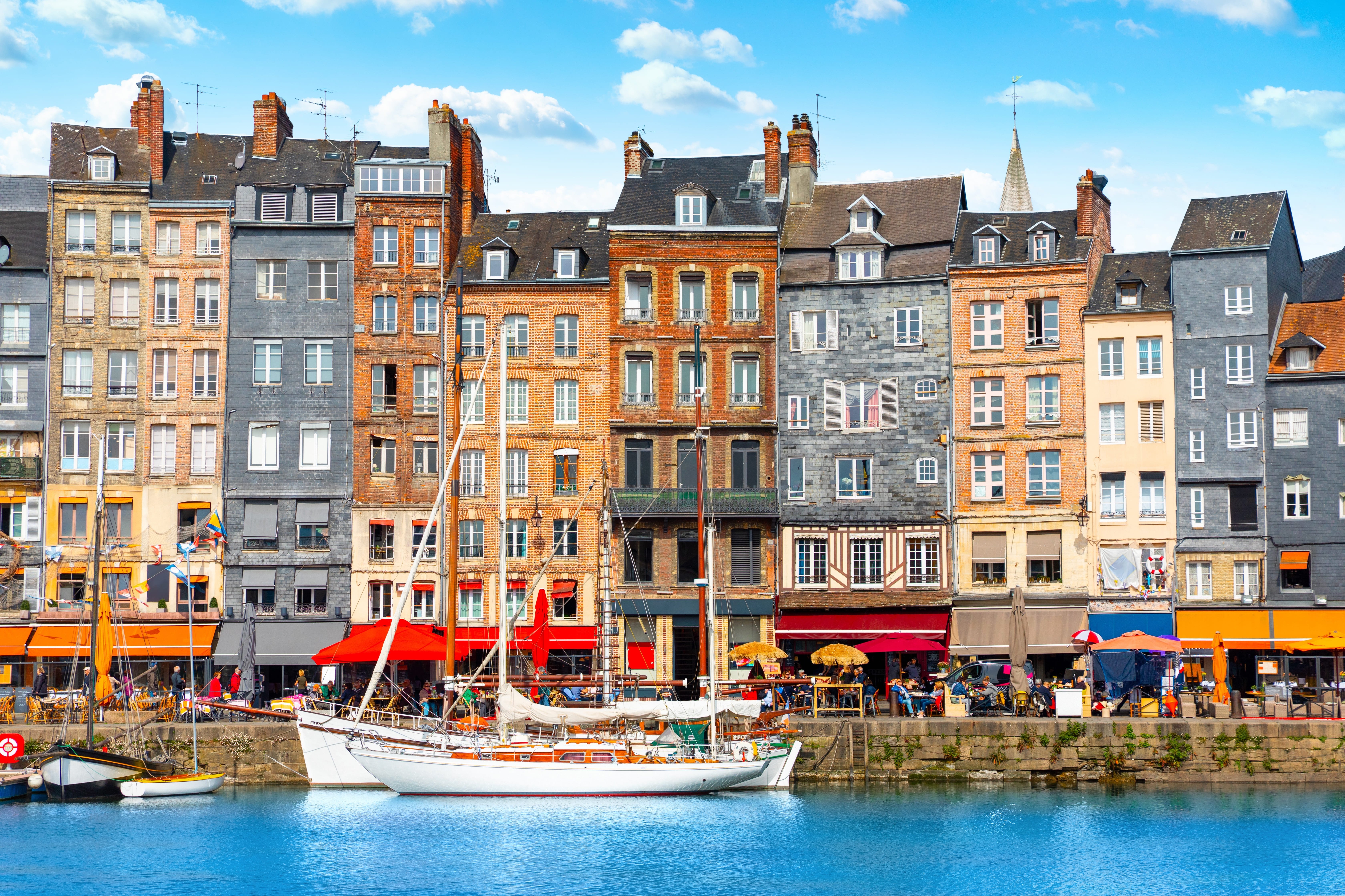 Colourful waterfront houses of Honfleur, France in July
