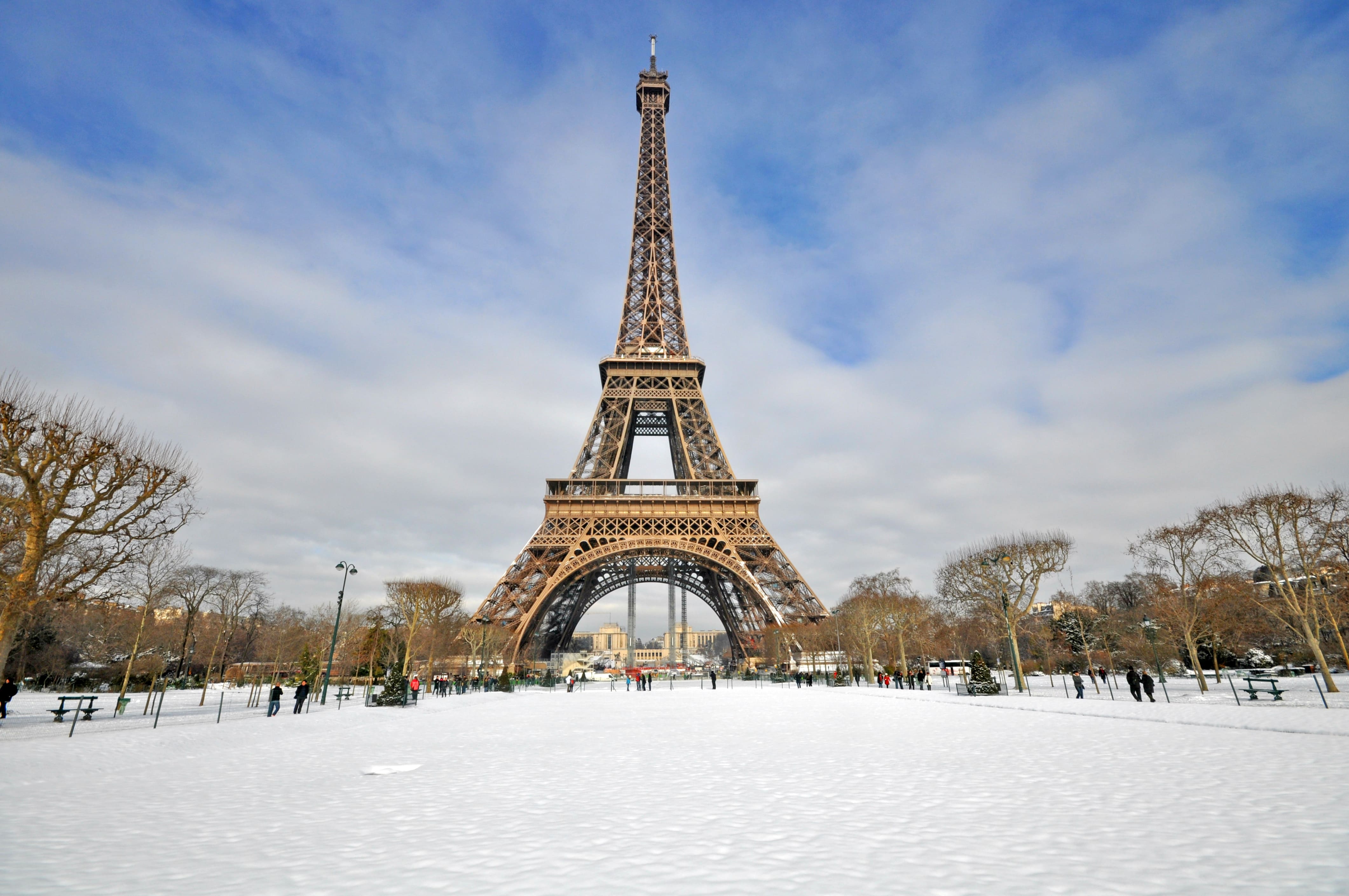 Eiffel Tower surrounded by snow in December, Paris, France