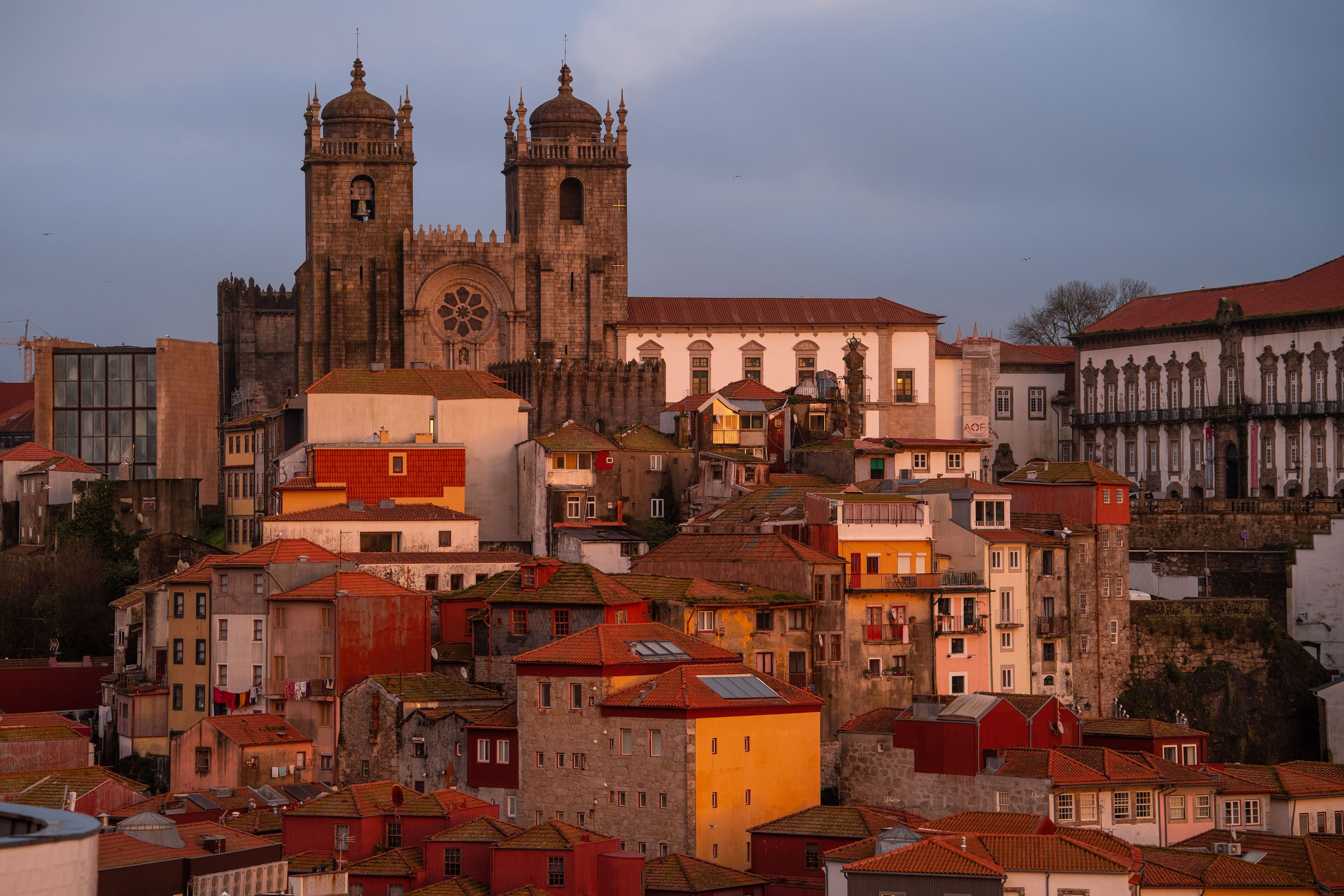 January light on rose tinted buildings in Porto, Portugal