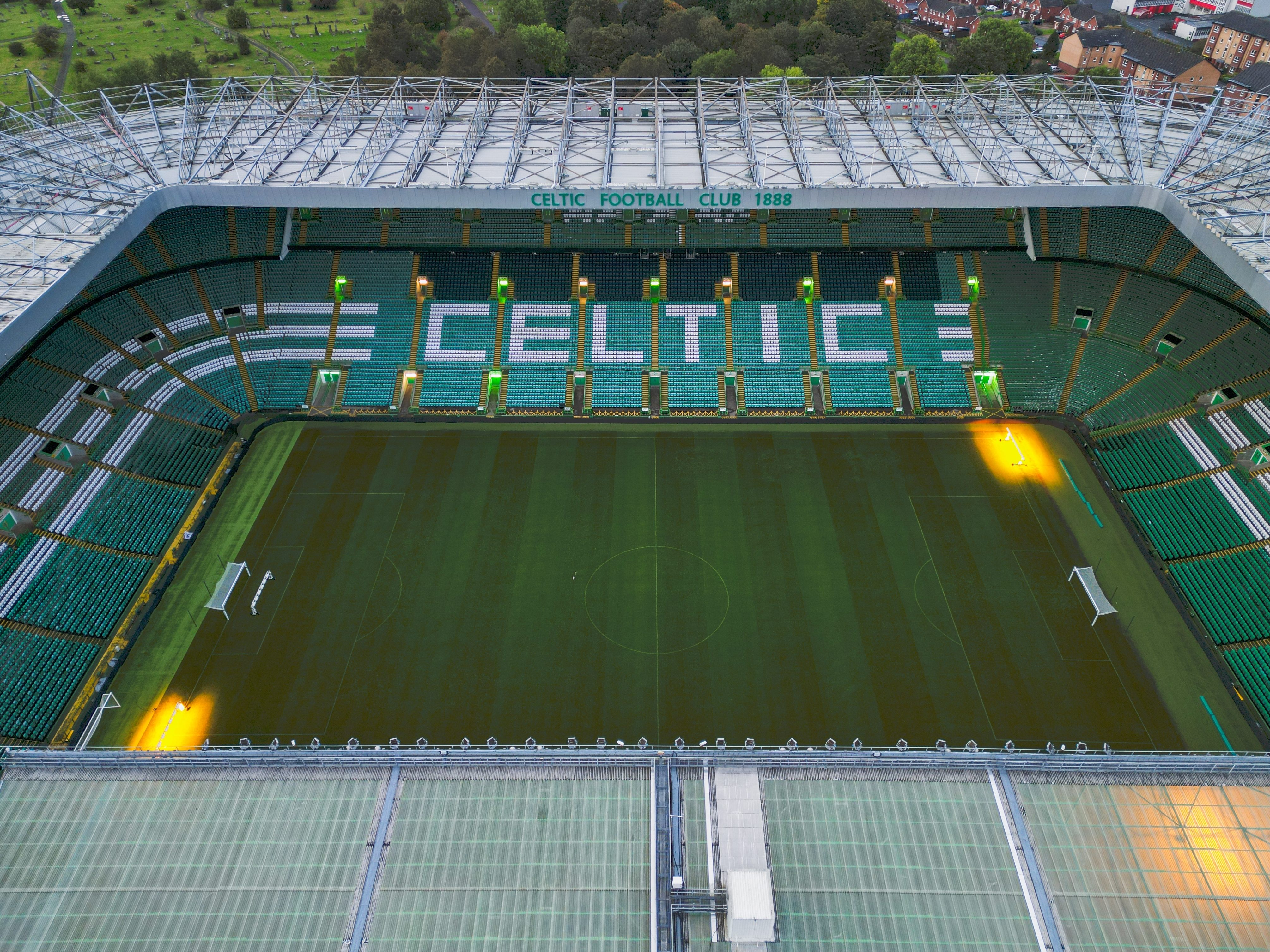 Aerial shot of Celtic FC stadium in Glasgow, Scotland