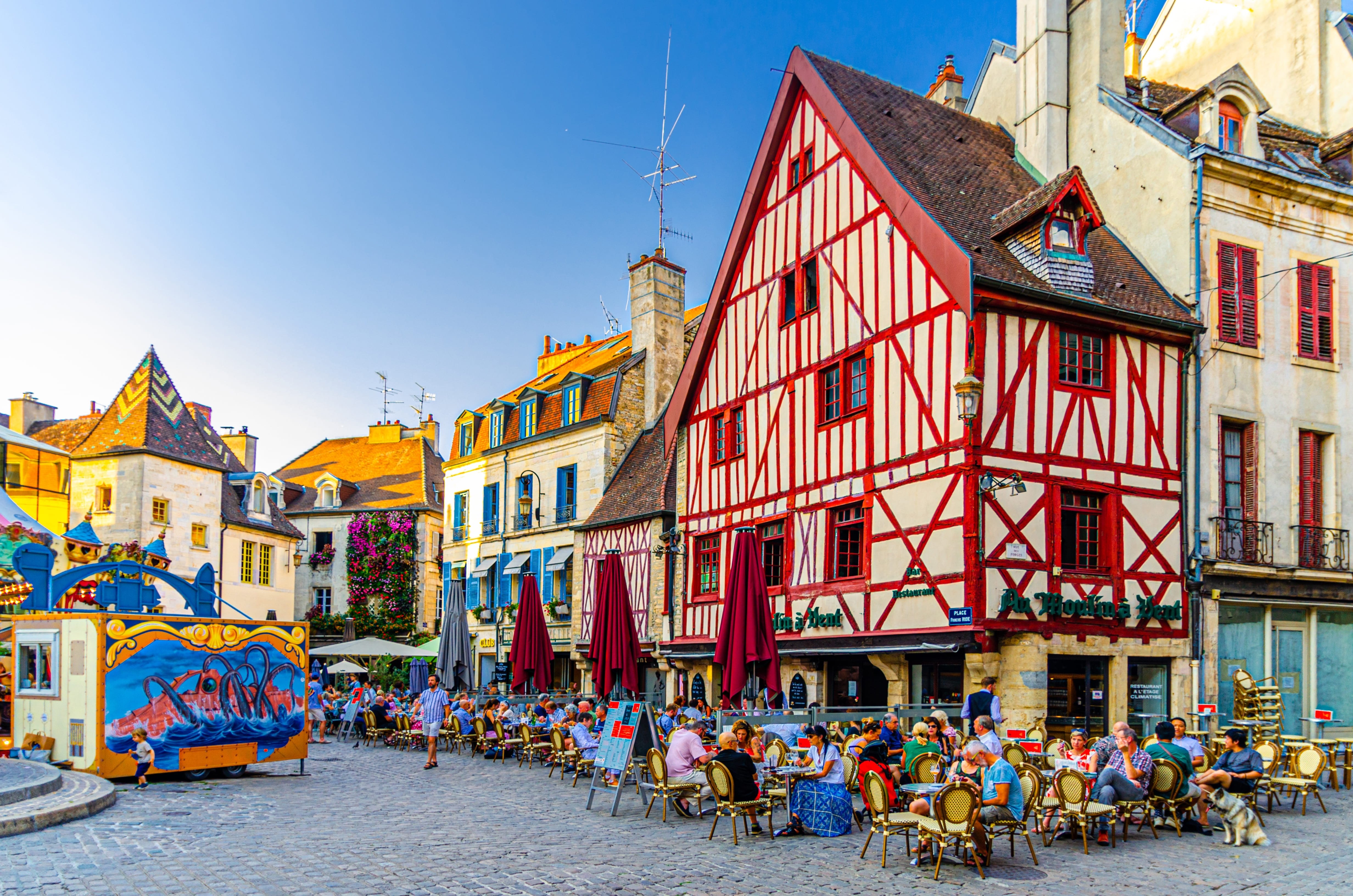 Od square with colourful houses and buildings with fachwerk style facade in Dijon, France