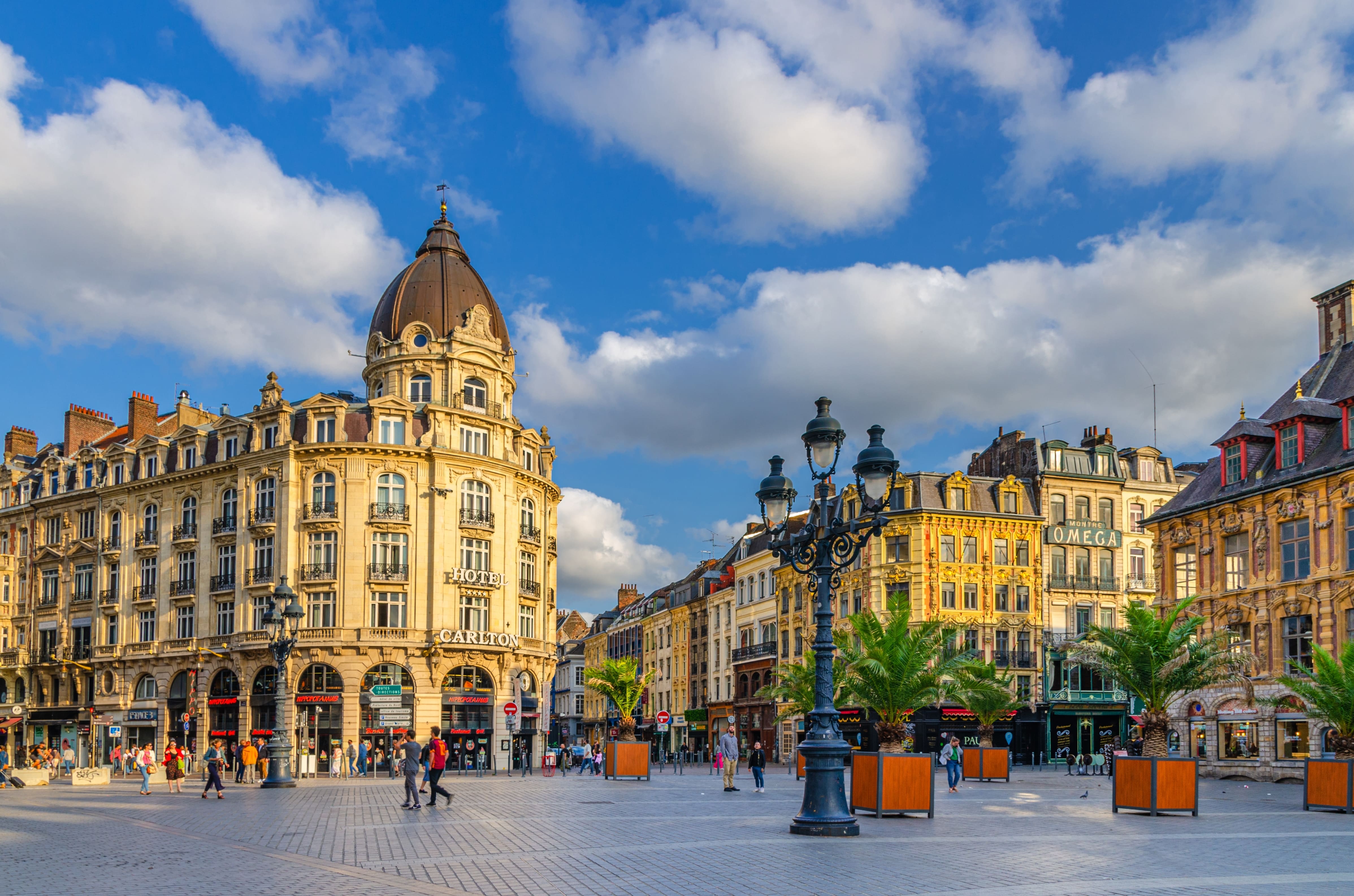 Lille, France, Place du Theatre square in Lille city historical center, Hotel Carlton, Vieille Bourse, street light and trees, French Flanders, Nord department, Hauts-de-France Region
